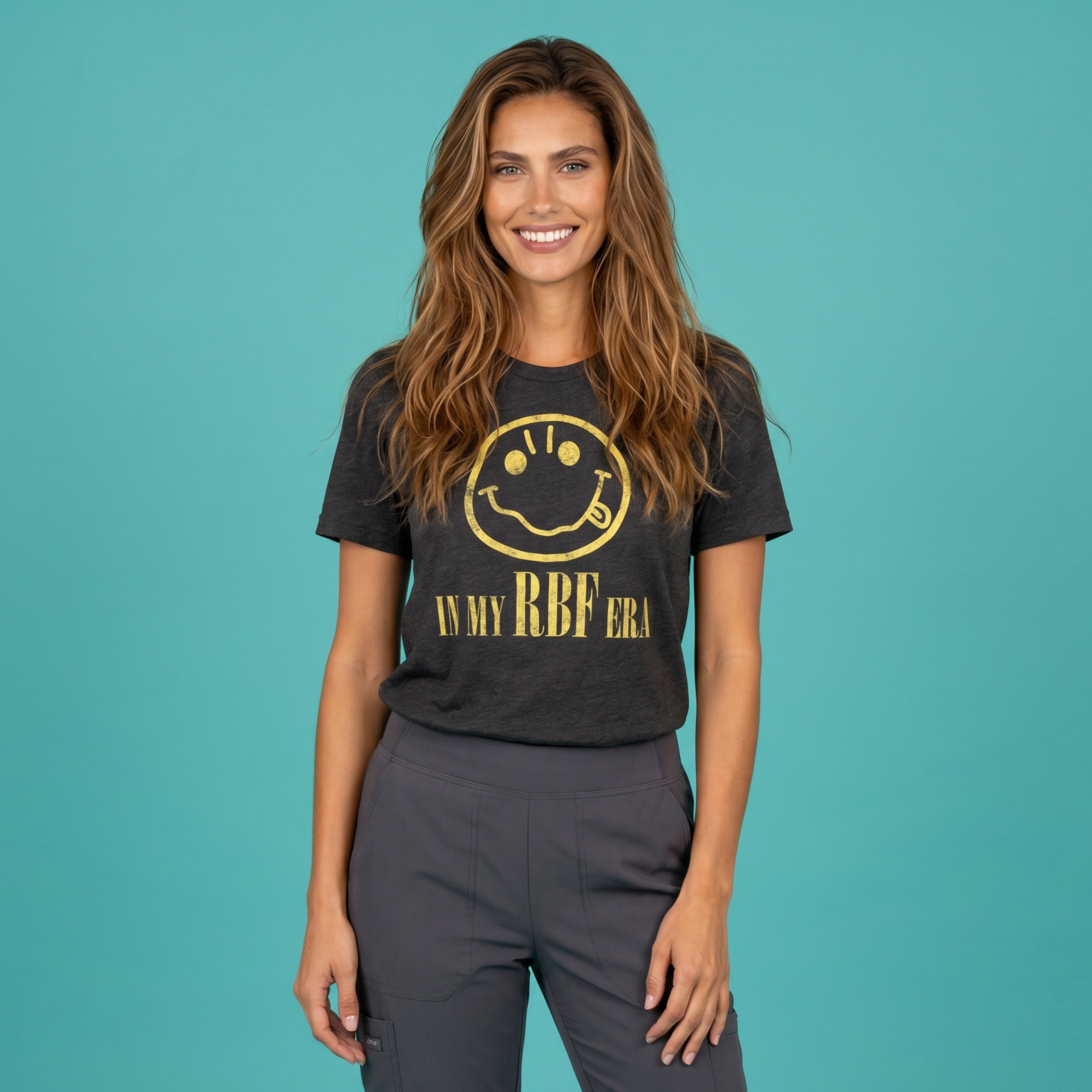 A woman on a teal background wearing Fix Studios In my RBF era Nirvana parody t-shirt for medspa professionals, injectors and Botox/medspa fans