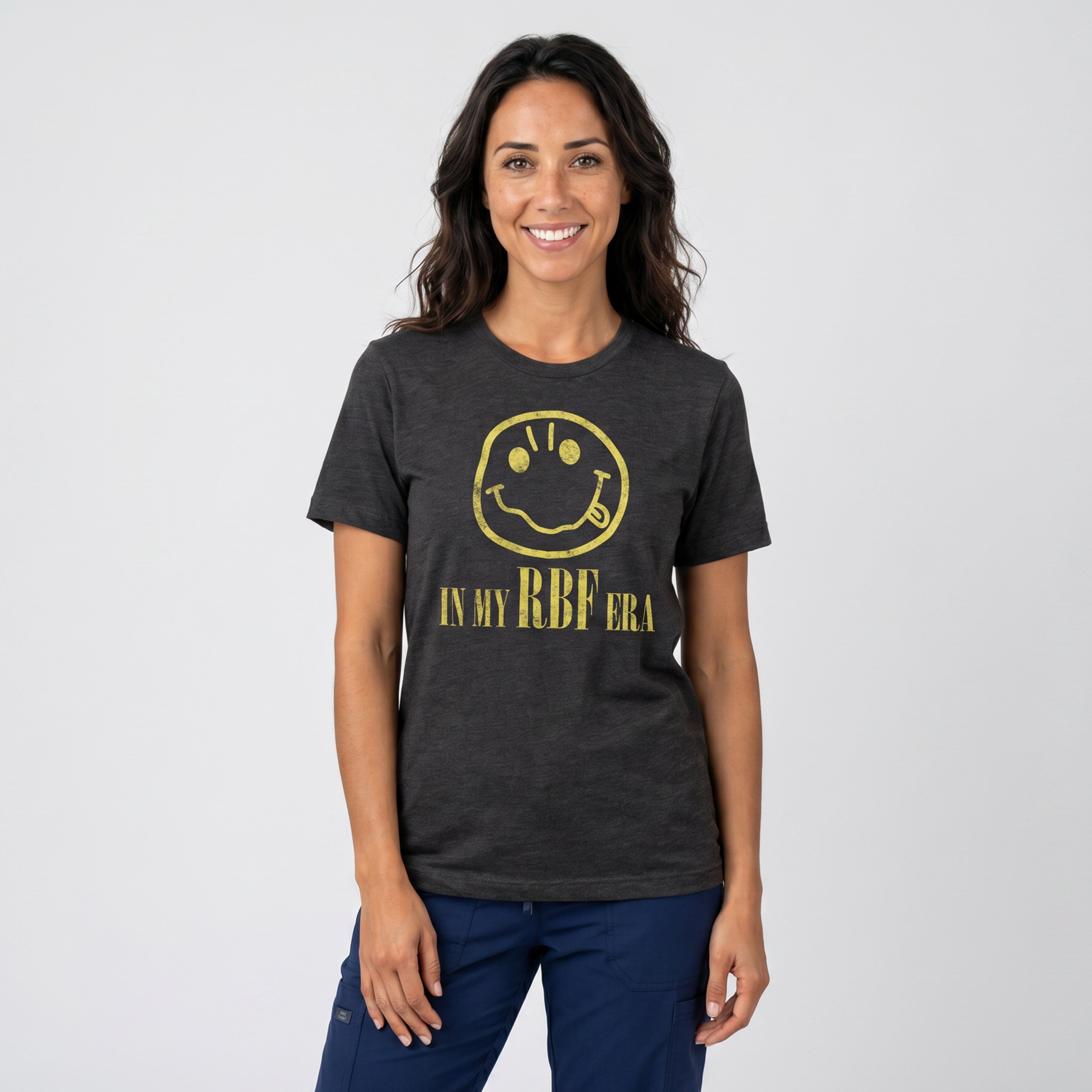 A woman wearing Fix Studios In my RBF era Nirvana parody t-shirt for medspa professionals, injectors and Botox/medspa fans