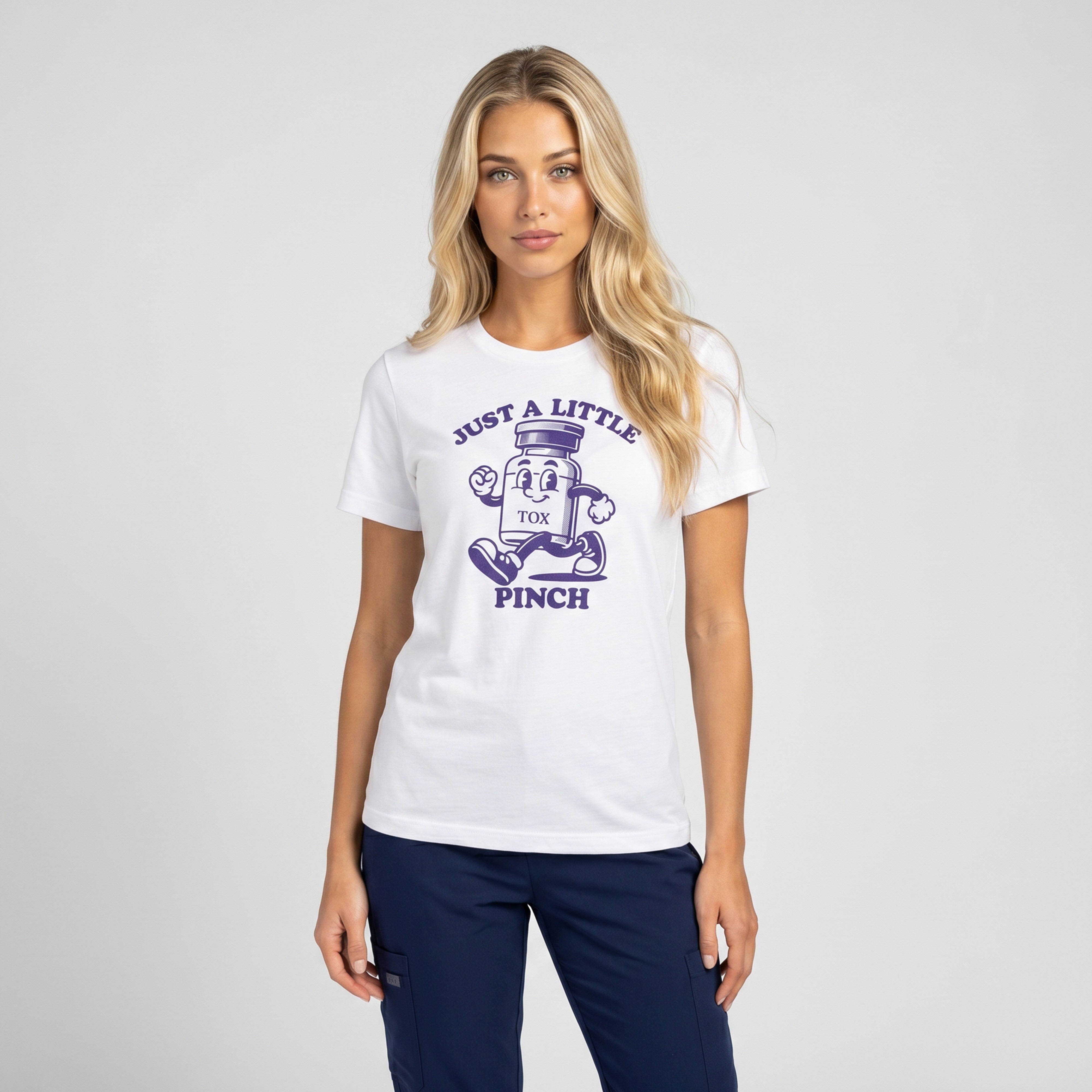 A woman wearing Fix Studios Just a little Pince Botox parody t-shirt for medspa professionals, injectors and Botox fans