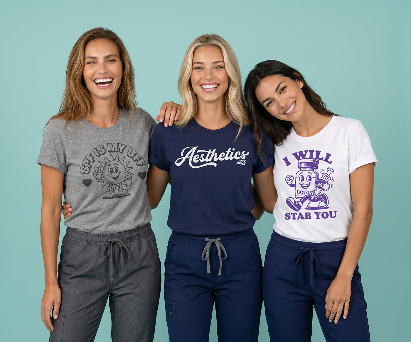 3 women pose in their official Fix Studios medspa apparel. I Will Stab You Botox T-Shirt, Aesthetics Dept. T-Shirt, and SPF is My BFF T-Shirt