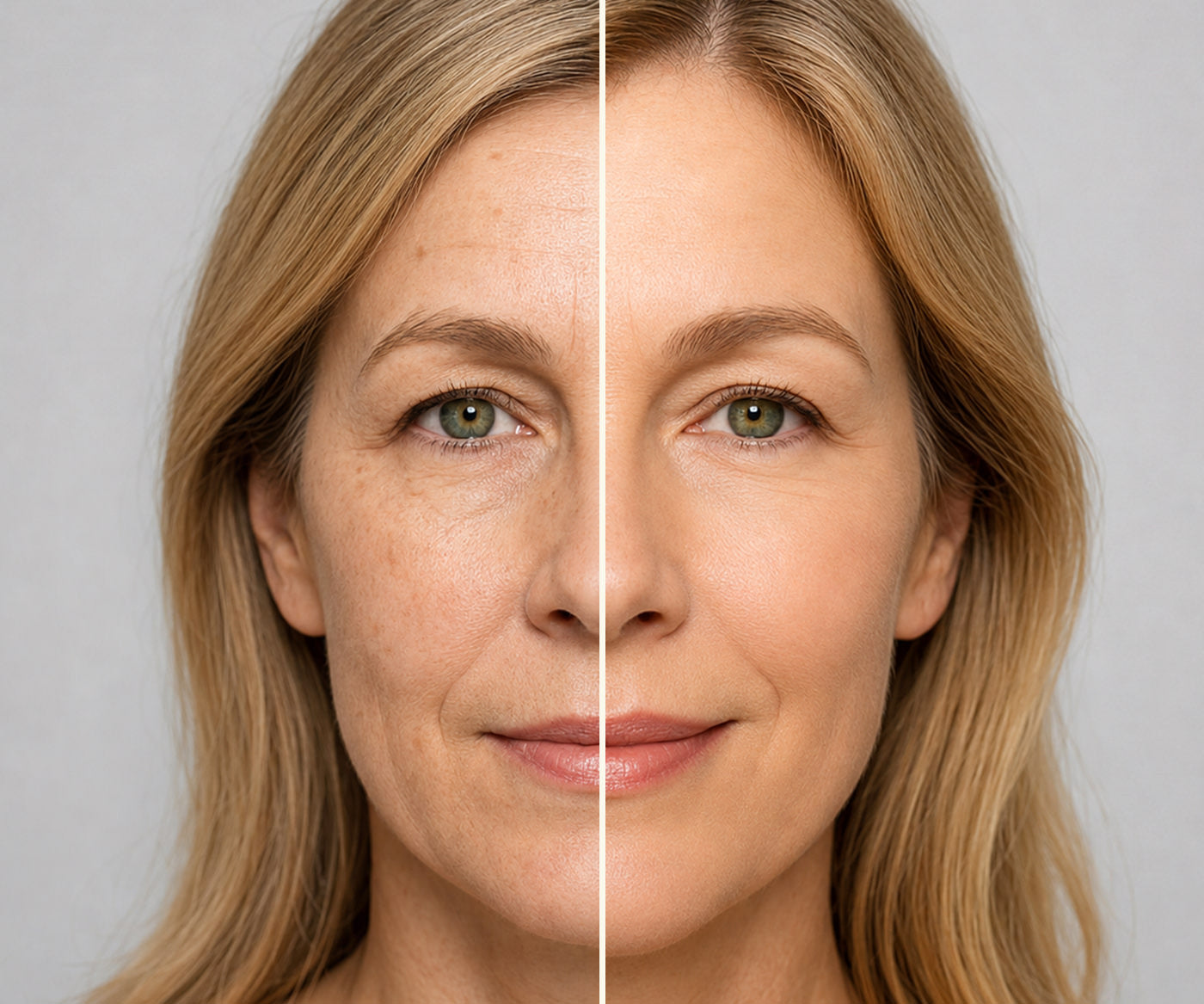A before and after photo of a woman in her 40's who used Fix Studios medical-grade GlowLuxe™ Tinted SPF 50 sunscreen hiding blemishes and making her skin glow