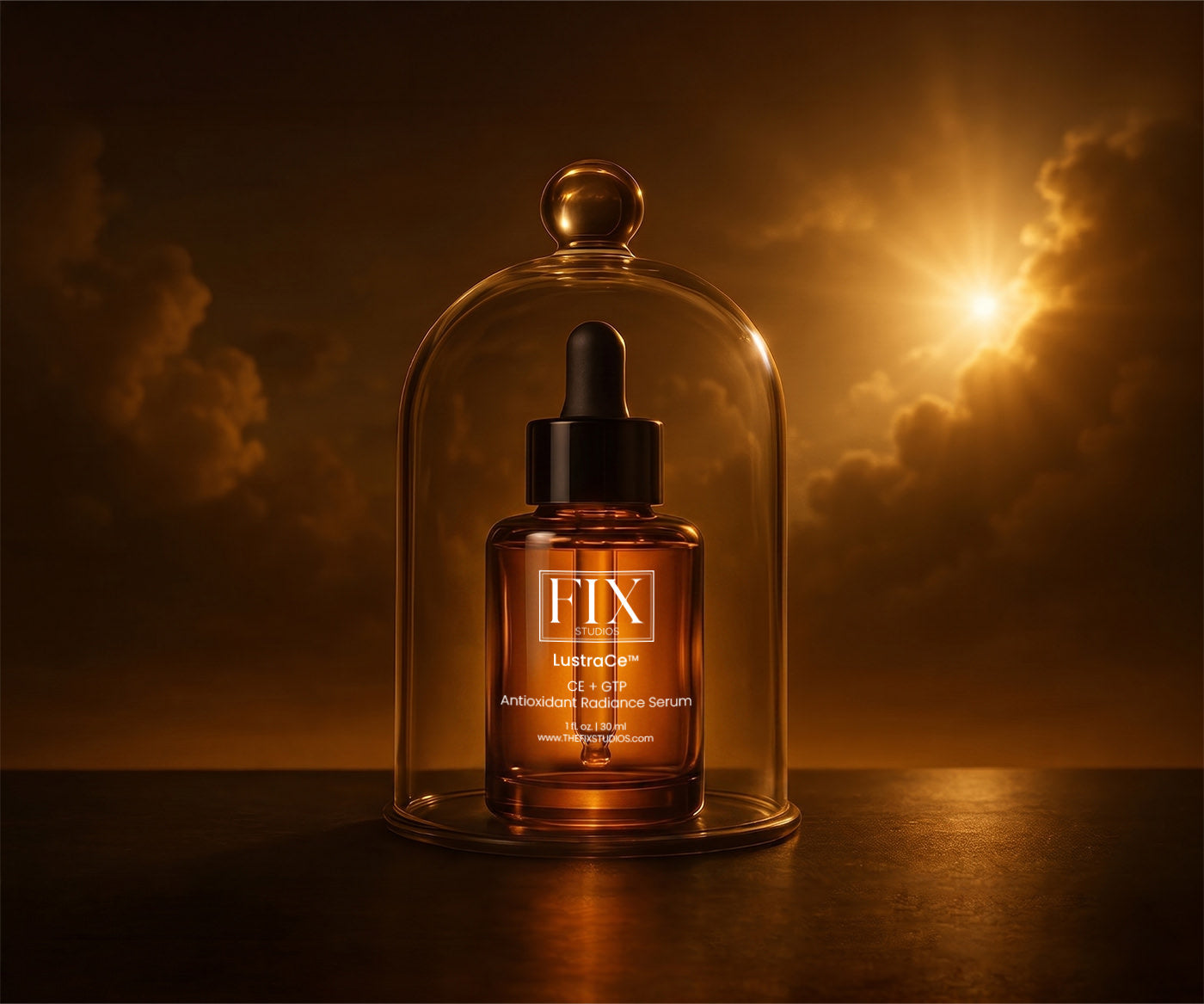 A bottle of Fix Studios medical-grade LustraCe CE+CTP Antioxidant Radiance Serum packed with 20% vitamin C inside a glass dome to protect from free radicals and pollution