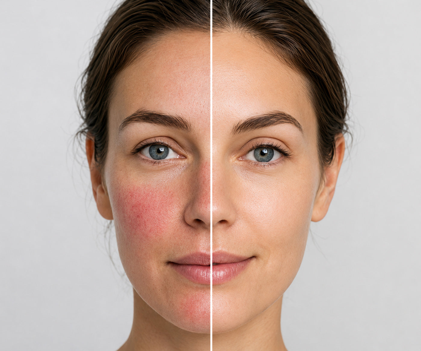A clinical before an after photo of a woman with irritated red skin and used Fix Studios medical-grade PhytoRenewal™ Advanced Multi-Correction Serum. The after portion shows clam, healthy, smooth skin.