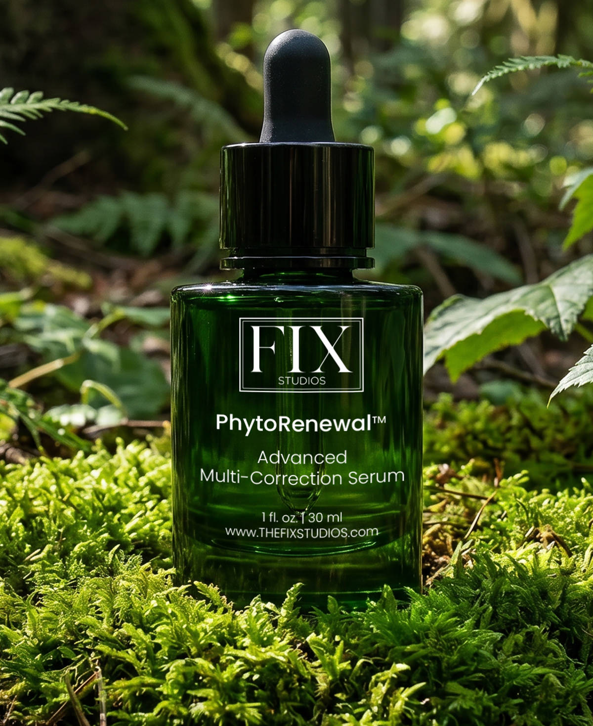 A bottle of Fix Studios medical-grade PhytoRenewal™ Advanced Multi-Correction Serum in nature