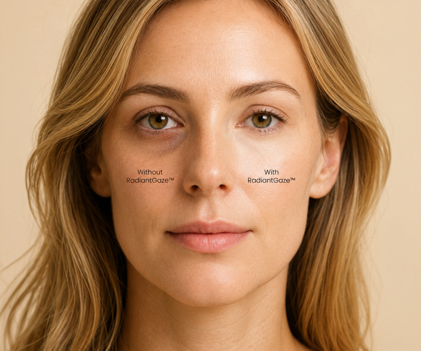 A woman applies Fix Studios medical-grade RadiantGaze™ Brightening Mineral Eye Defense SPF 50+ to one side of her face instantly reducing puffiness and dark circles under her eye