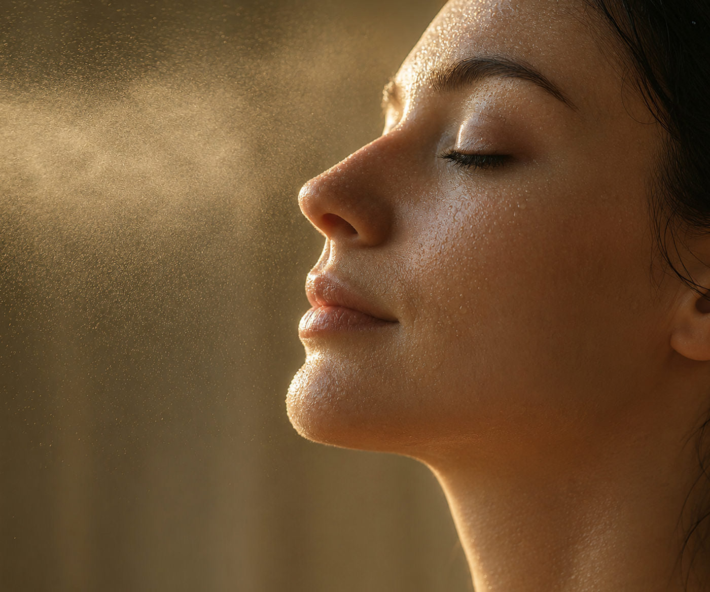 A beautiful woman mists her face with Fix Studios ZenMist™ BioCalm Antioxidant Spray
