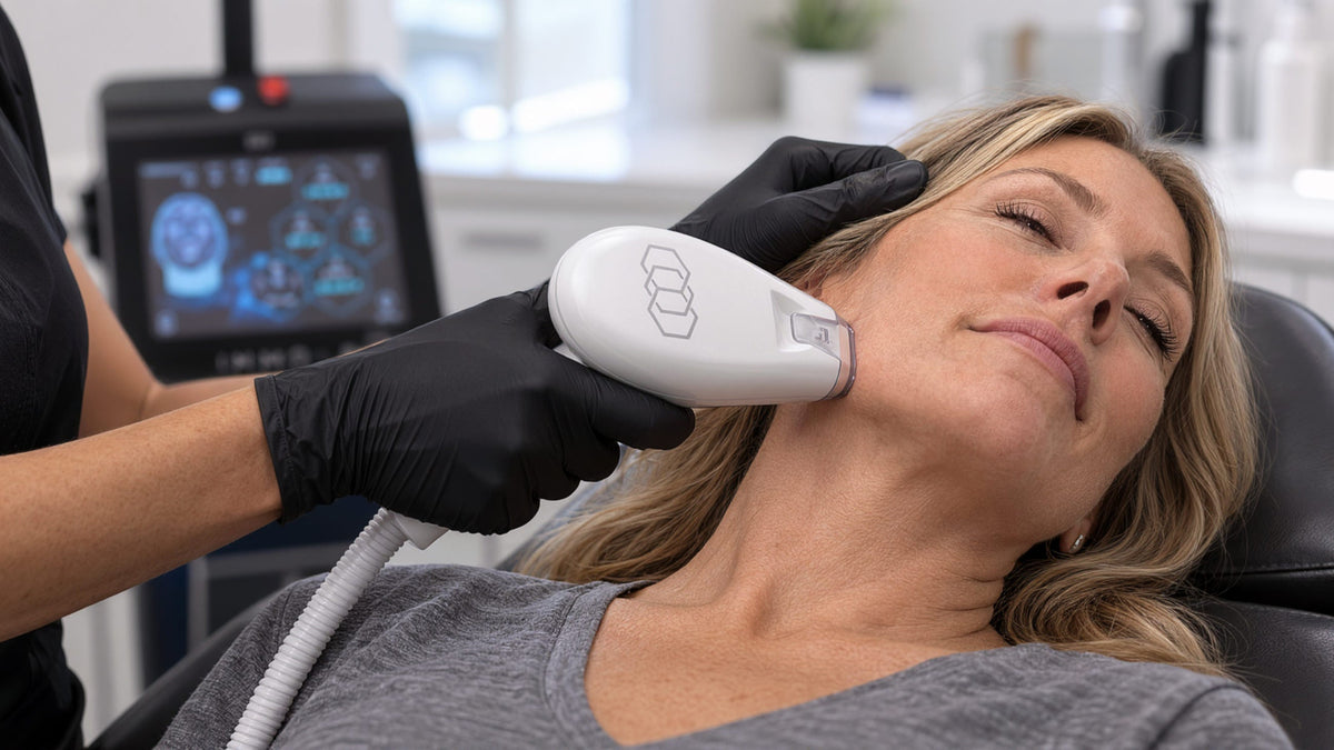 A woman receives RF microneedling treatment on her face, Morpheus8 Cool Cincinnati Mason Ohio at Fix Studios