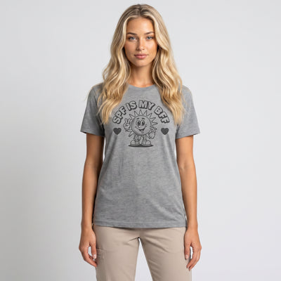 A woman wear a SPF is my BFF t-shirt from Fix Studios