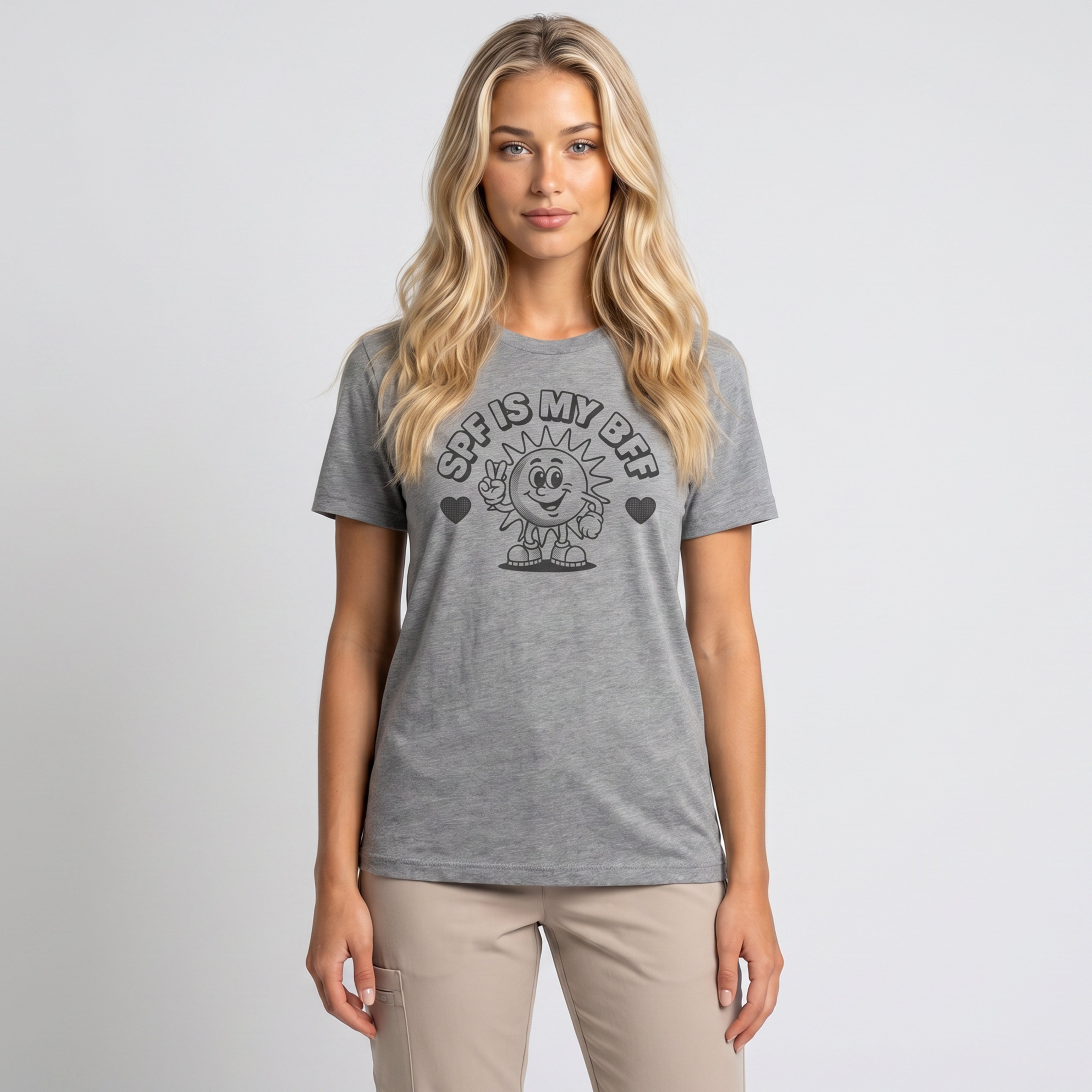 A woman wear a SPF is my BFF t-shirt from Fix Studios