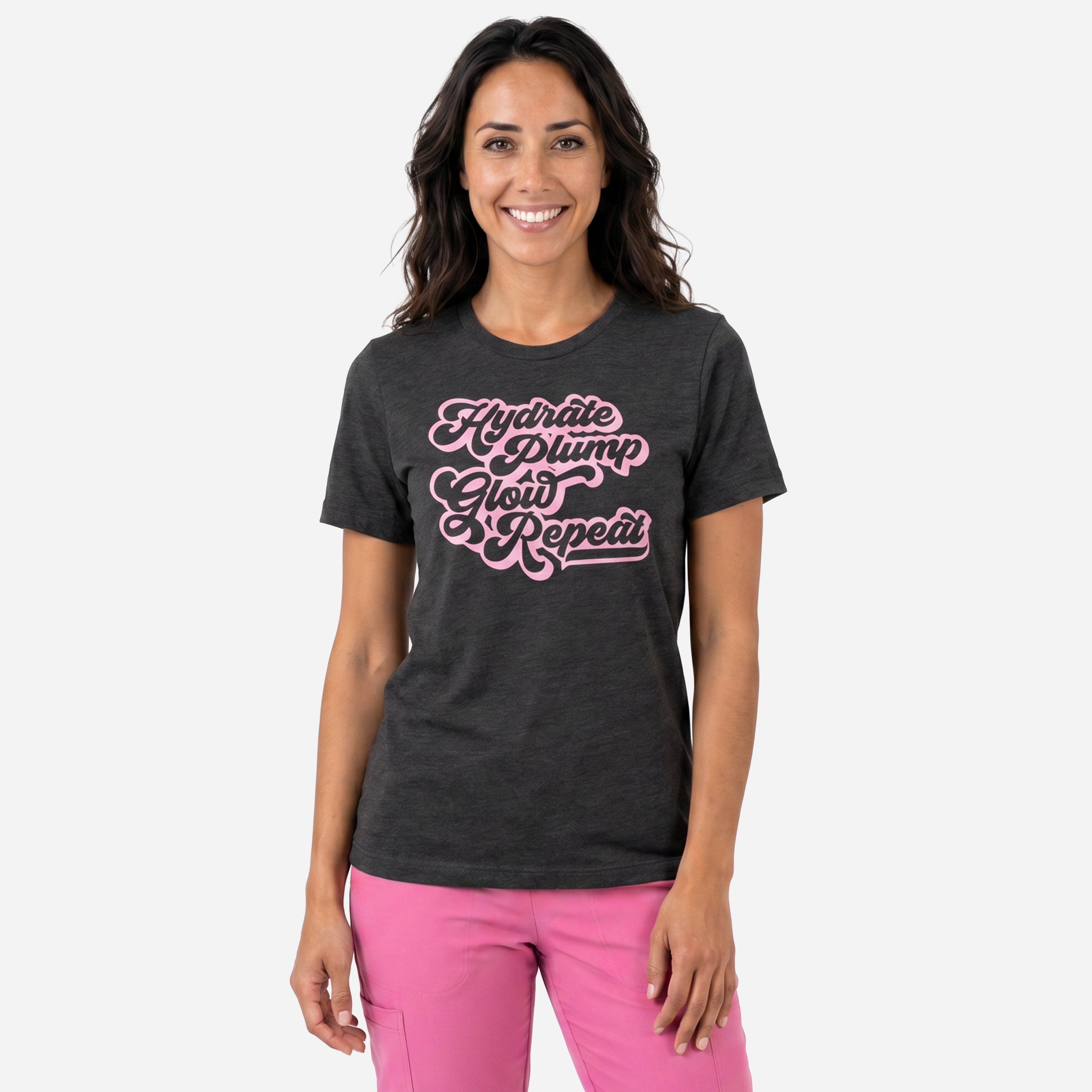 A woman wearing Fix Studios Hydrate Plump Glow Repeat t-shirt for medspa professionals, injectors and Botox/medspa fans