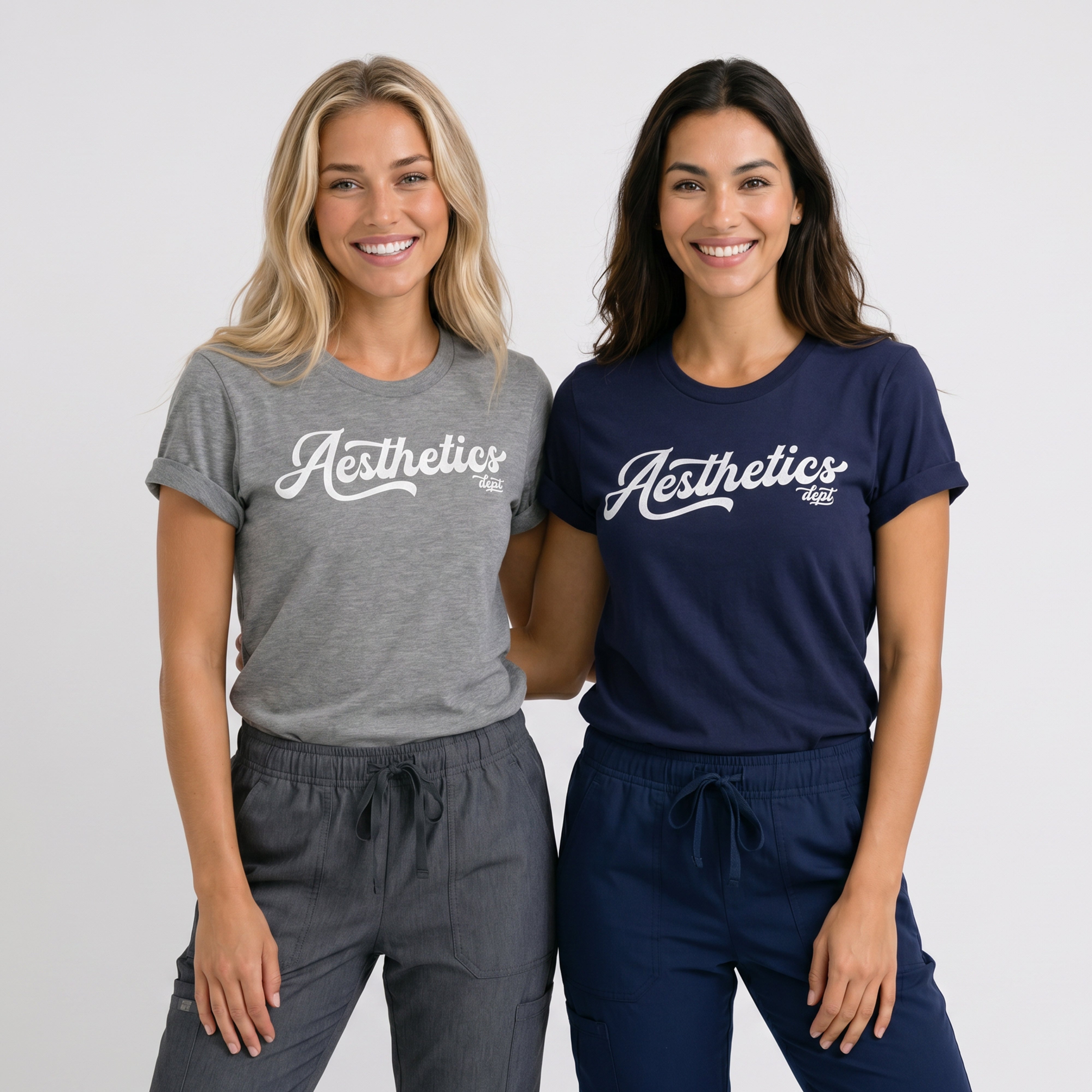 Two woman wear an Aesthetics Department t-shirt from Fix Studios for medspa professionals, injectors, and medspa fans