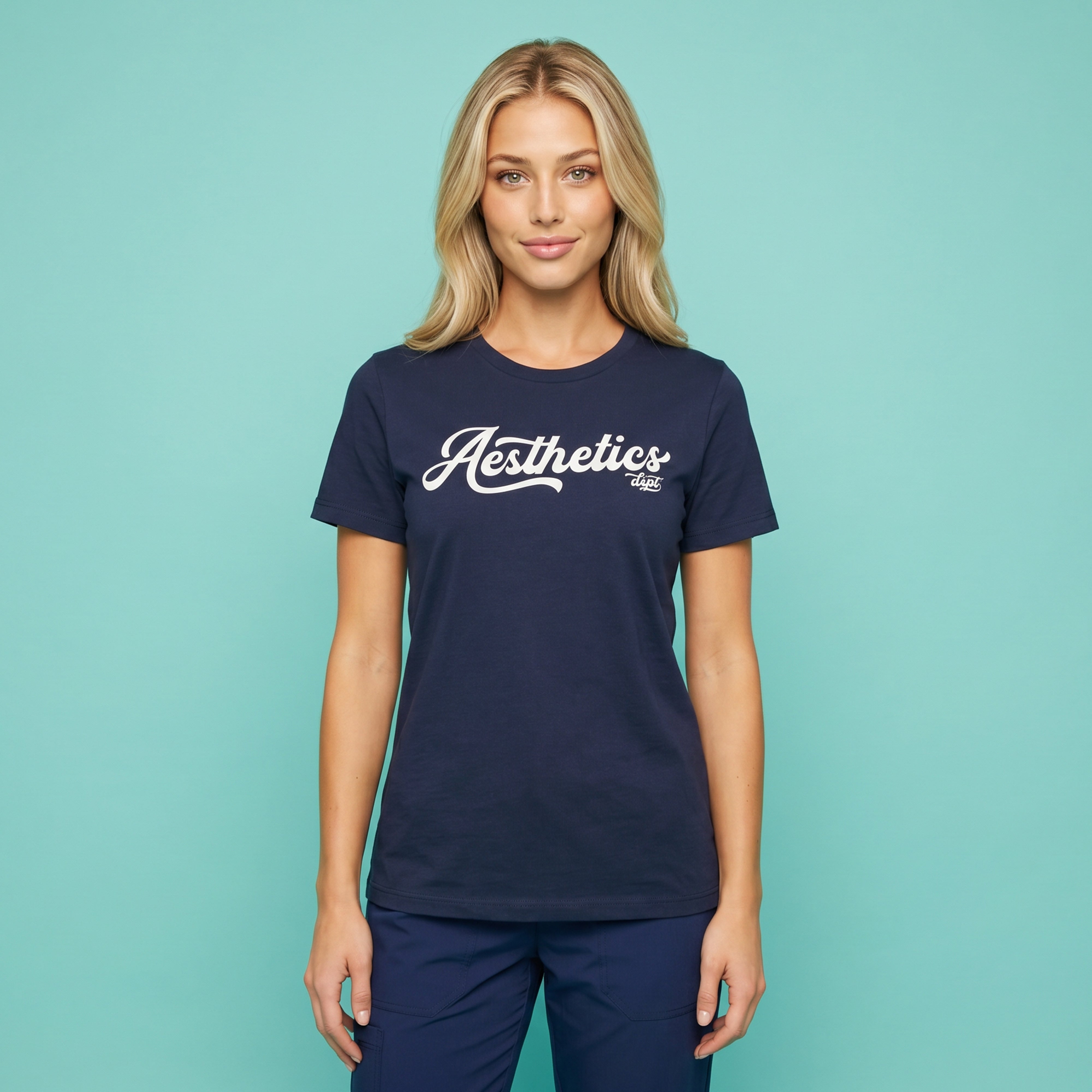 A woman wears a navy blue Aesthetics Department t-shirt from Fix Studios for medspa professionals, injectors, and medspa fans