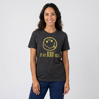 A woman wearing Fix Studios In my RBF era Nirvana parody t-shirt for medspa professionals, injectors and Botox/medspa fans