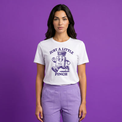 A woman on a purple background wearing Fix Studios Just a little Pince Botox parody t-shirt for medspa professionals, injectors and Botox fans