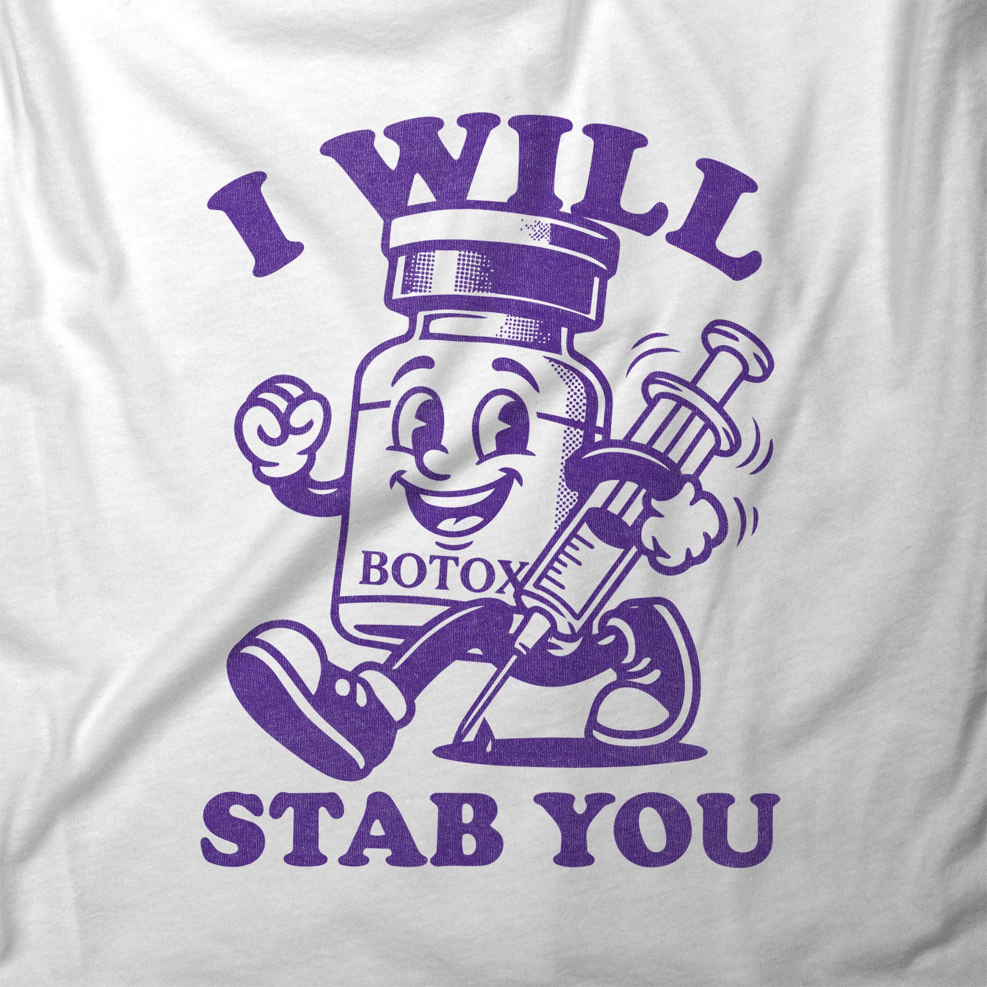 Close up of an I will stab you botox parody t-shirt from Fix Studios flat lay