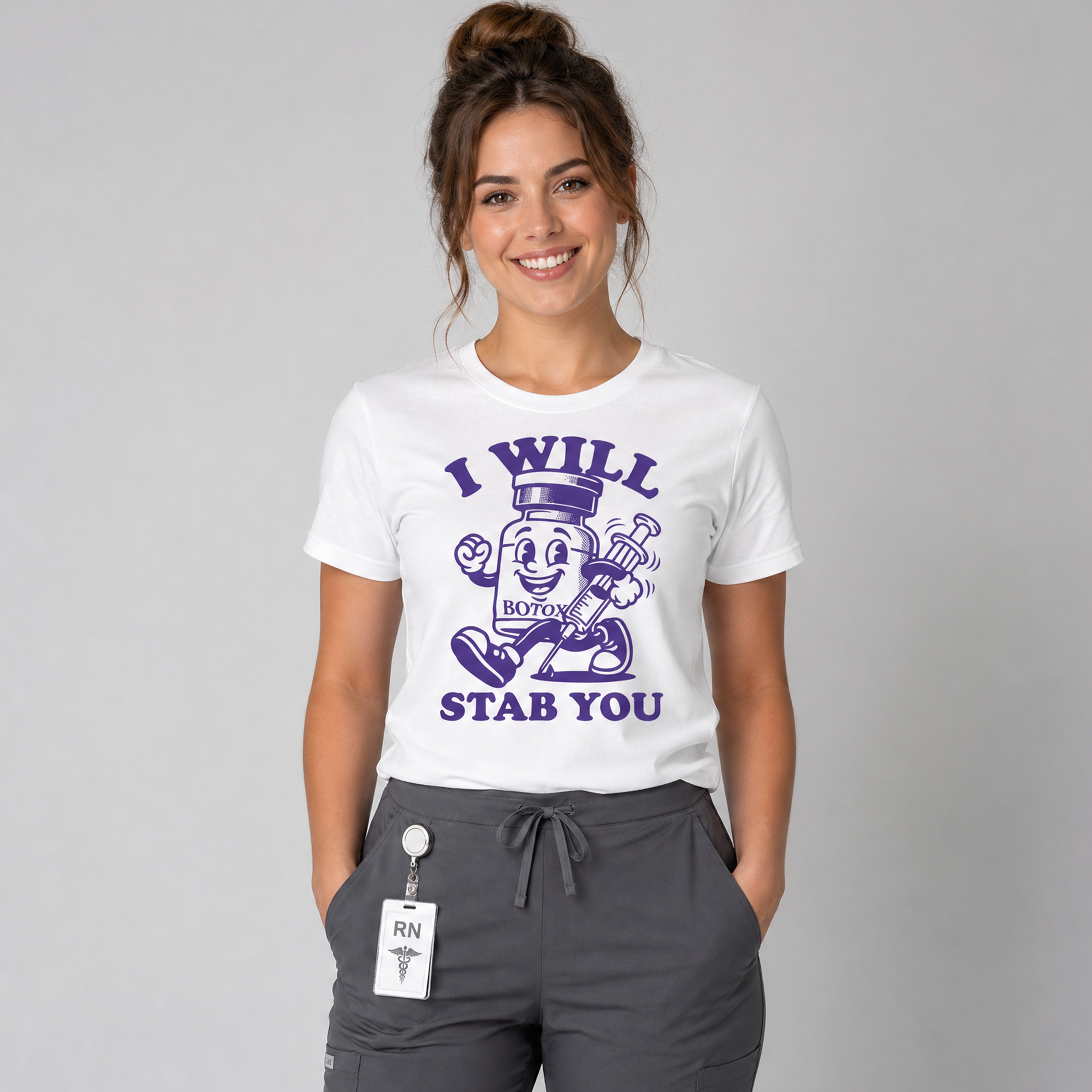 A nurse wears a I Will Stab You Botox parody t-shirt for medspa professionals and injectors