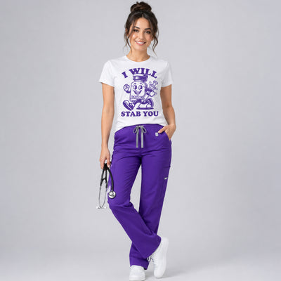 A woman wears a I Will Stab You Botox parody t-shirt for medspa professionals and injectors
