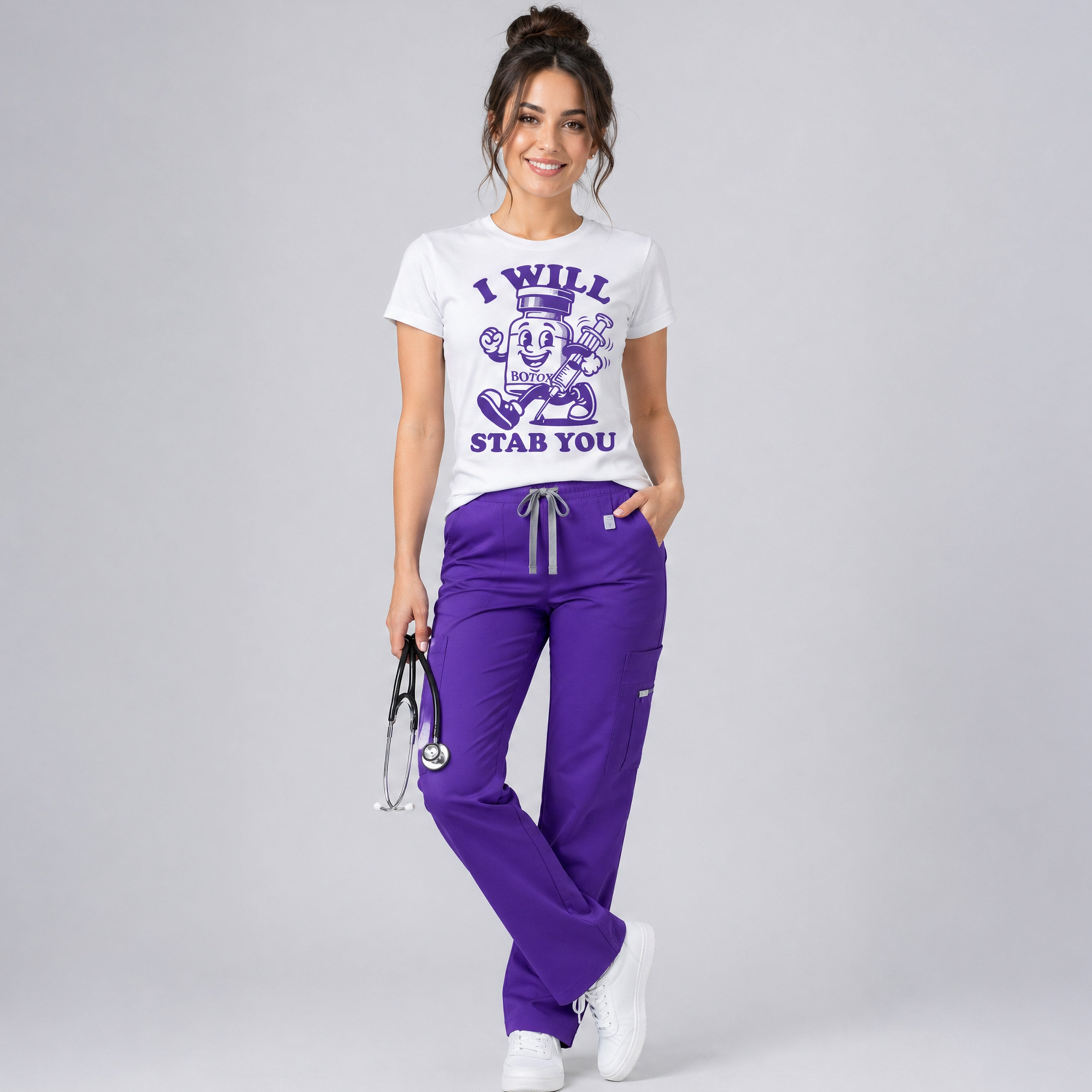 A woman wears a I Will Stab You Botox parody t-shirt for medspa professionals and injectors