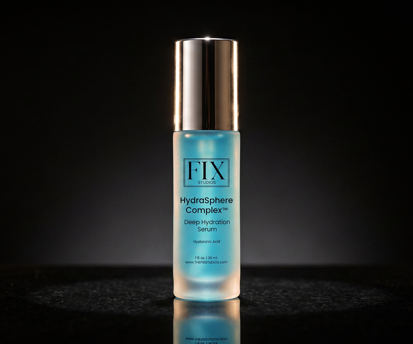 A dramatic and elegant photo of Fix Studios HydraSphere Complex Hyaluronic Acid Deep Hydration Serum with a glowing bottle on a dark background