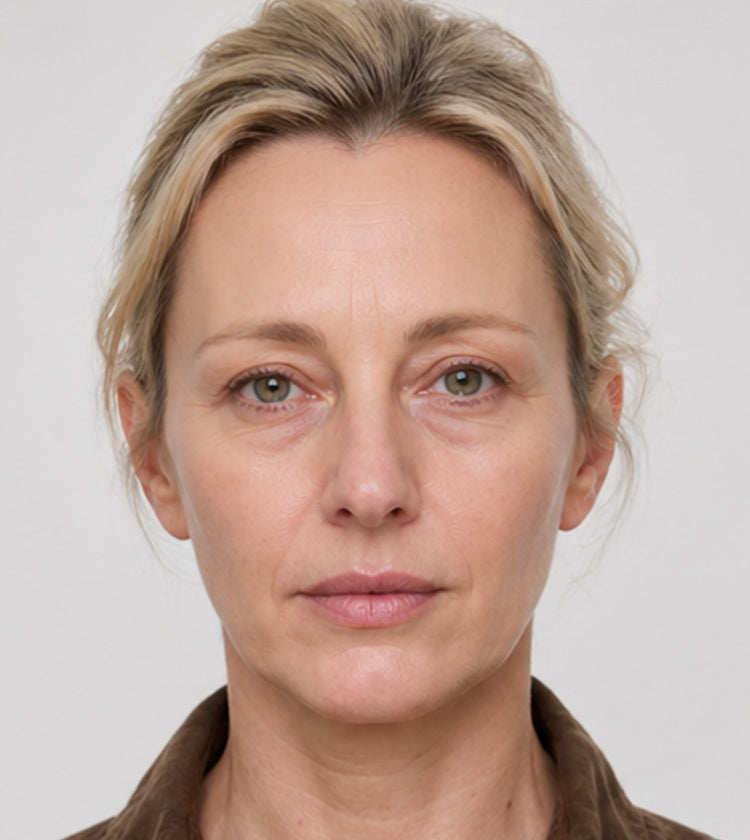 Botox and under-eye filler before photo showing natural brow position, forehead lines, 11s, crow’s feet, and under-eye hollowing before treatment at Fix Studios Cincinnati Mason OH.