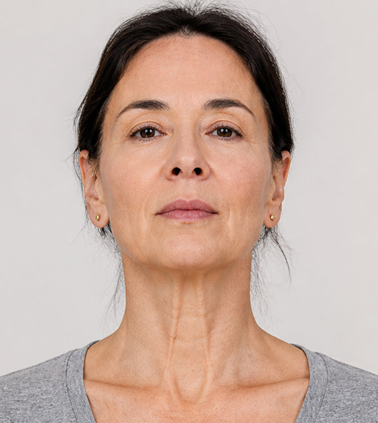 Botox before photo showing platysmal neck bands, forehead lines, 11s, and crow’s feet before treatment at Fix Studios Cincinnati Mason OH.