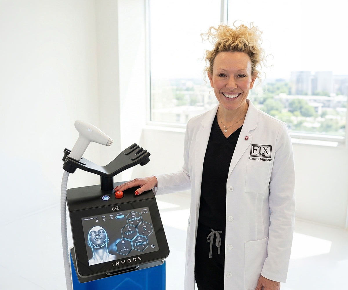 Dr Beth Matre DNP CNP stands with Morpheus8 Cool Cincinnati Mason Ohio at Fix Studios