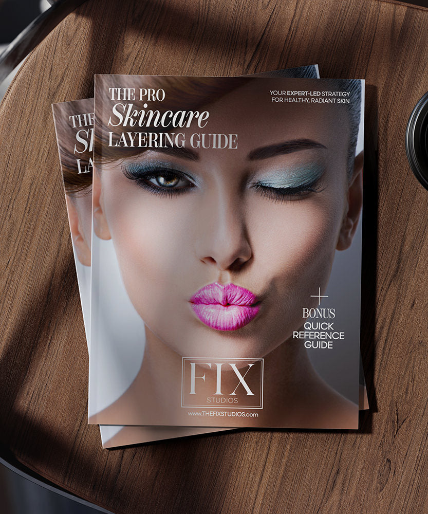 Fix Studios Pro Skincare Layering Guide displayed on a chair with a cup of coffee