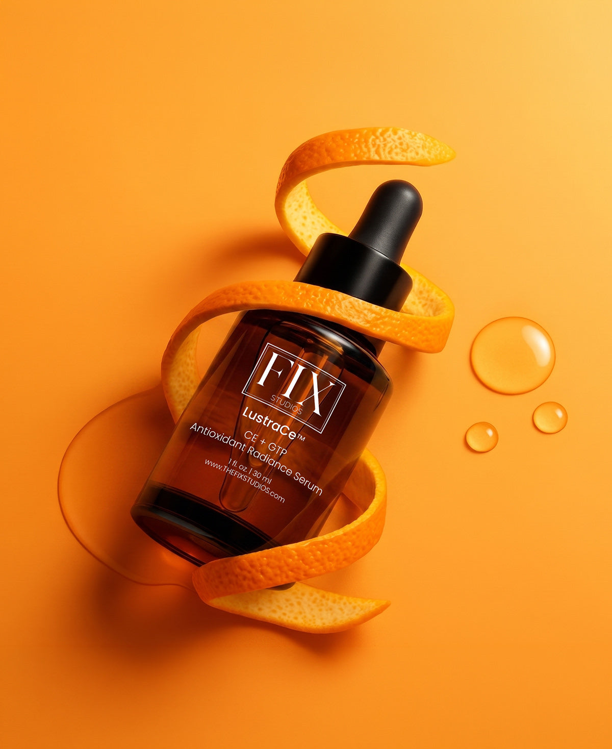 A bottle of Fix Studios medical-grade LustraCe CE+CTP Antioxidant Radiance Serum packed with 20% vitamin C and wrapped in an orange peel on an orange background