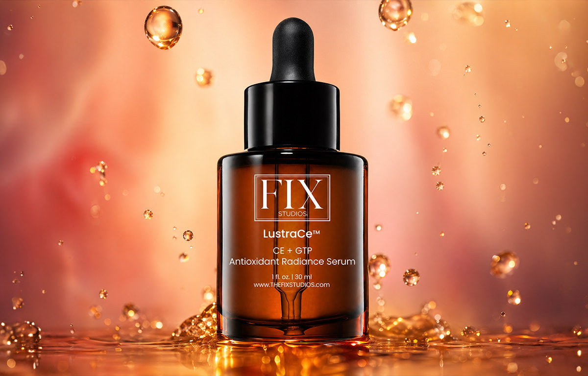 A bottle of  Fix Studios medical-grade LustraCe CE+CTP Antioxidant Radiance Serum packed with 20% vitamin C is highlighted with light rays