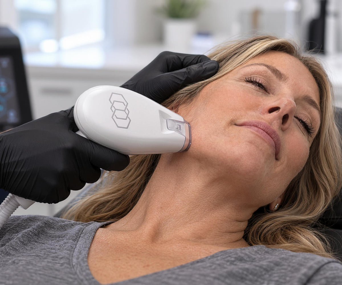 A woman receives nearly-painless RF microneedling treatment Morpheus8 Cool at Fix Studios Cincinnati Mason Ohio