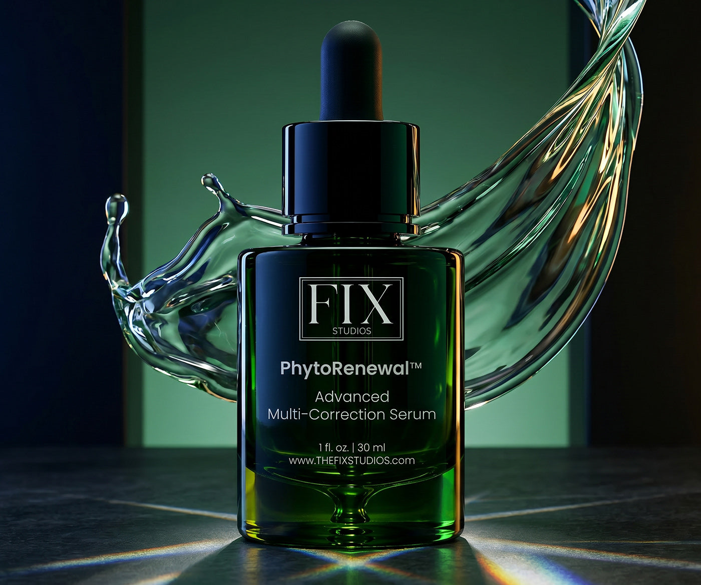 A hero shot of a bottle of Fix Studios medical-grade PhytoRenewal™ Advanced Multi-Correction Serum. on an emerald green background