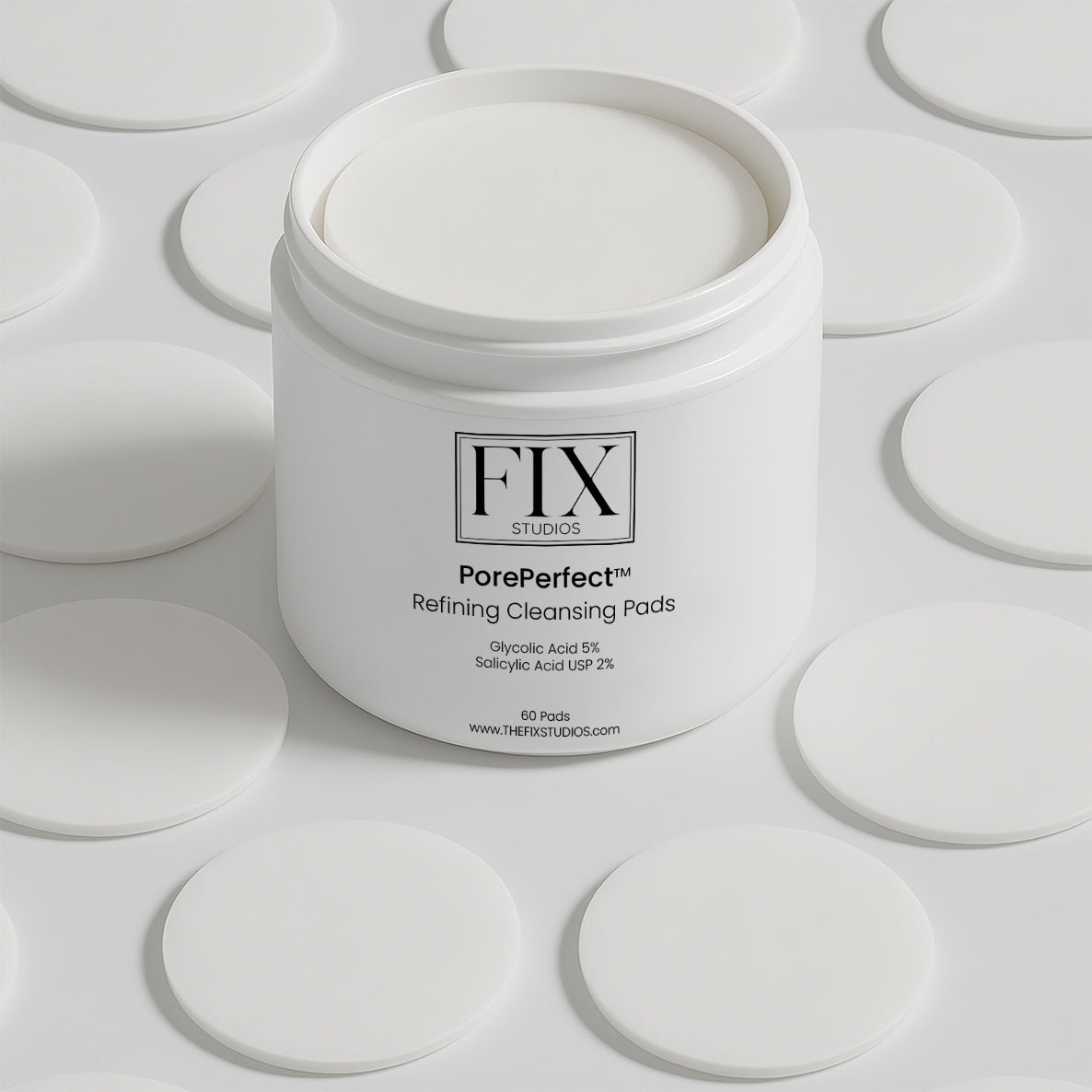 A jar of Fix Studios PorePerfect™ Refining Cleansing Pads Medical-Grade Acne Product 