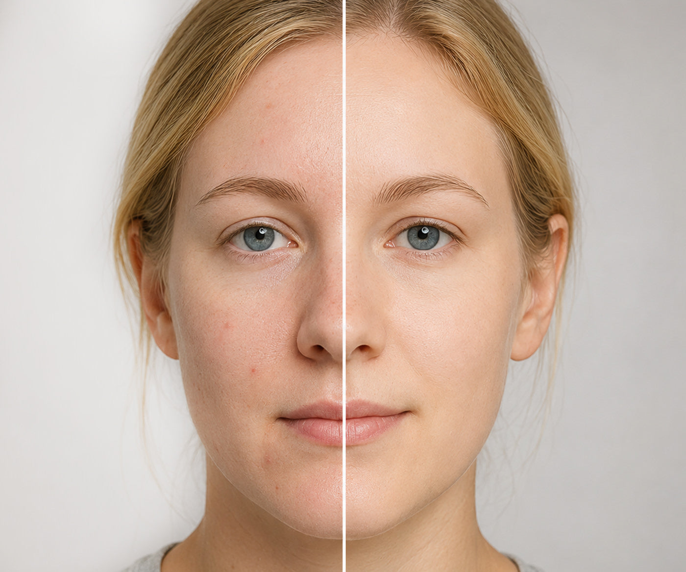 A before and after image of a woman with irritated and acne prone skin and then clear skin after using Fix Studios medical-grade PorePerfect™ Dual-Action Detox Cleanser