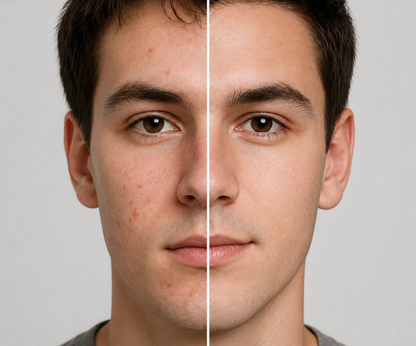 A before and after image of a 20 year-old male that has used Fix Studios PorePerfect™ Refining Cleansing Pads Medical-Grade Acne Product and visible improved his appearance