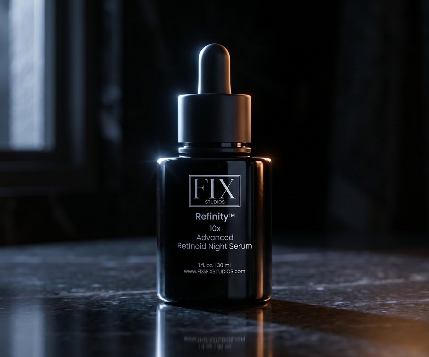 A bottle of Fix Studios medical-grade Refinity™ Advanced Retinoid Night Serum is pictured on a stone table top in the evening