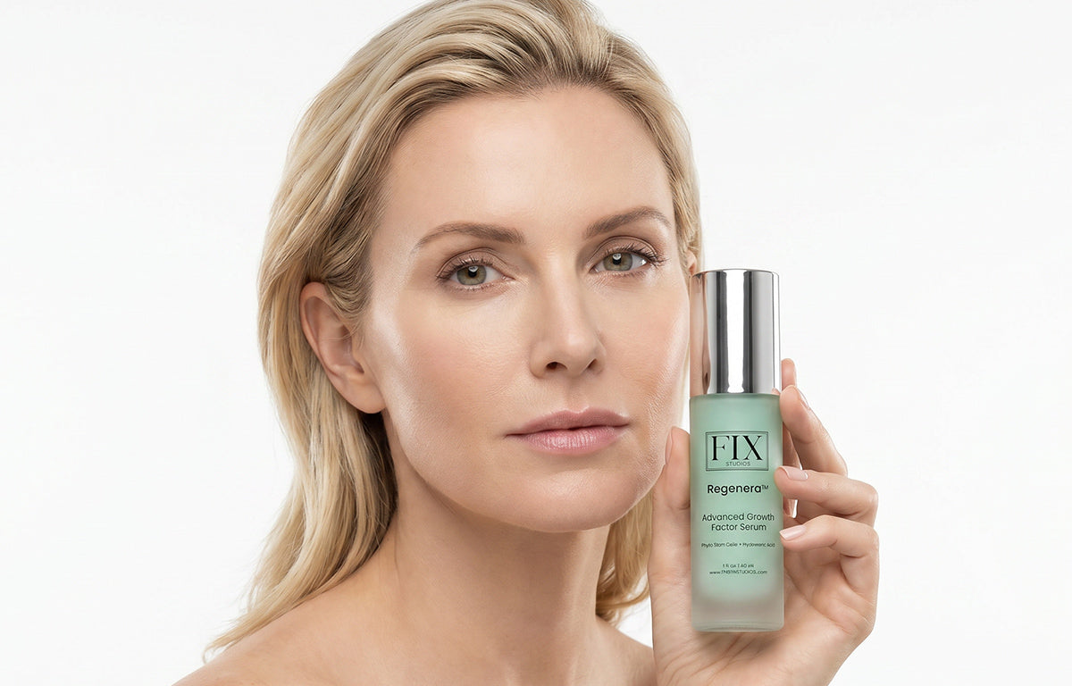 A mature woman holds a bottle of Regenera™ Advanced Growth Factor Serum medical-grade anti-aging serum from Fix Studios