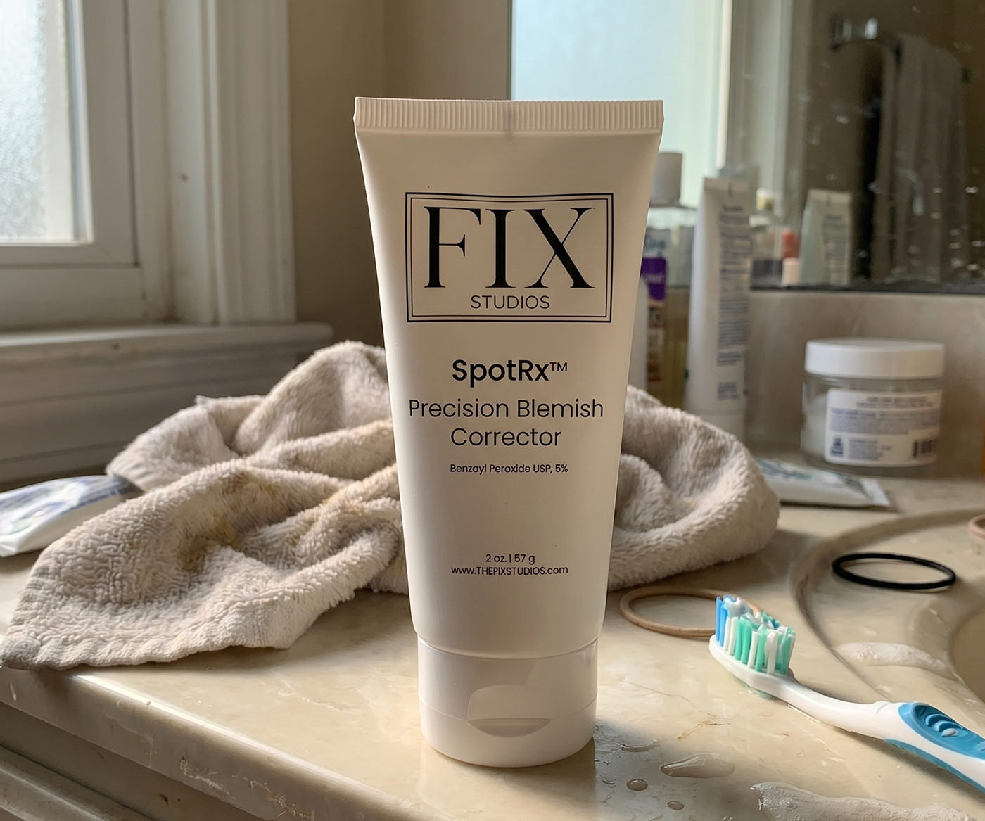 A bottle of Fix Studios medical-grade SpotRx Precision Blemish Corrector Benzoyl Peroxide fast-acting acne spot treatment pictured on a bathroom countertop with other products in the background