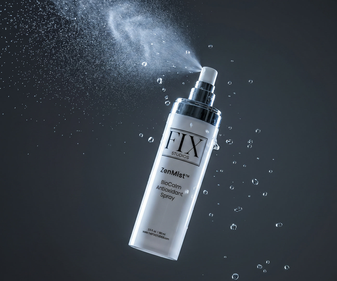 Fix Studios ZenMist™ BioCalm Antioxidant Spray offers cooling calm facial spray toner featured on a cool background and water droplets while floating