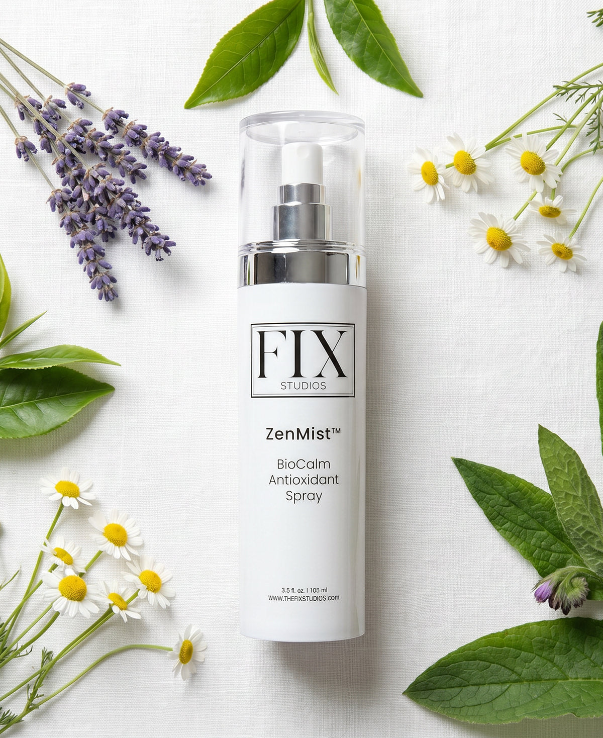 Fix Studios ZenMist™ BioCalm Antioxidant Spray pictured with calming botanicals that are included in its ingredients such as green tea, lavender, and chamomile.