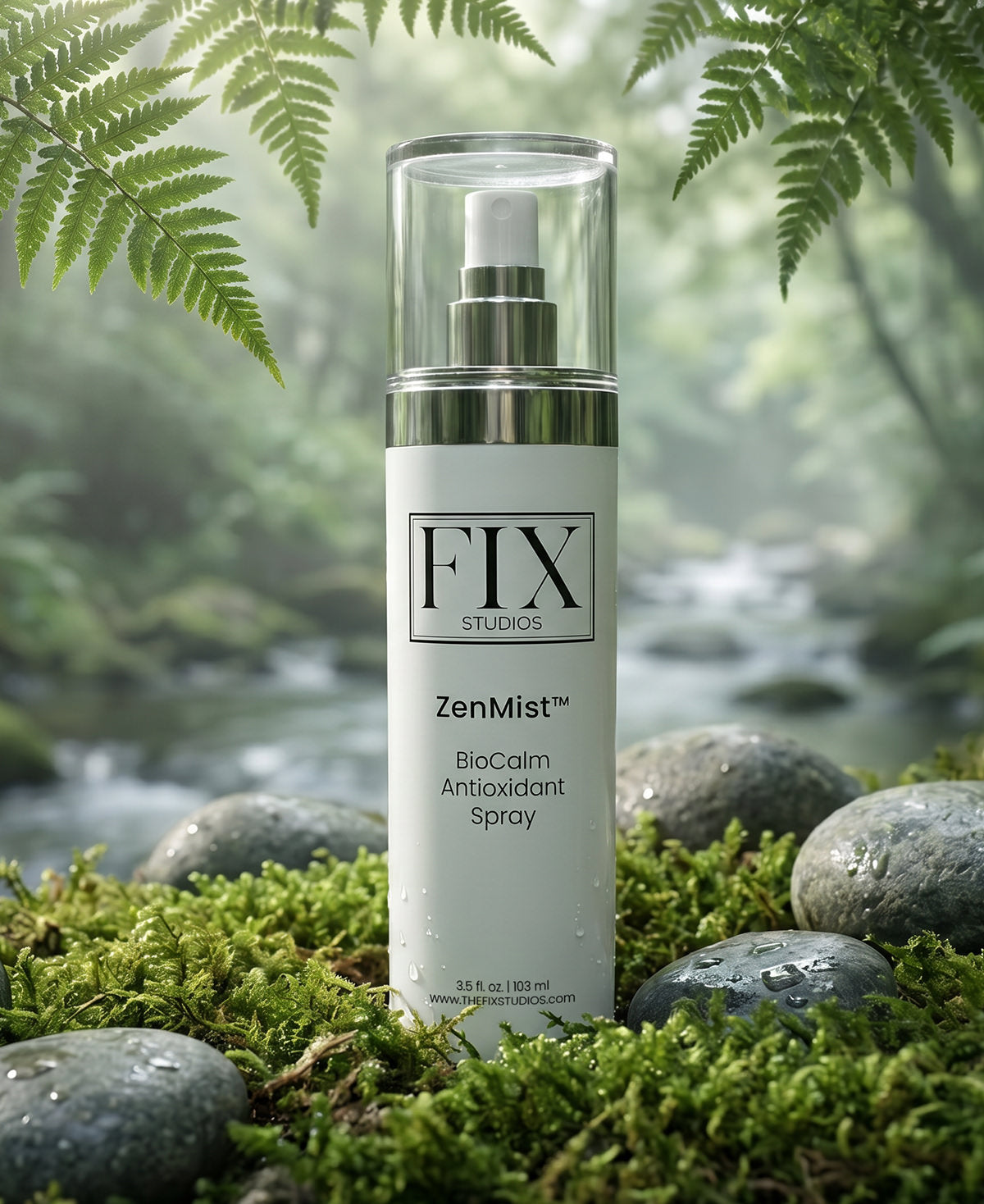 Fix Studios ZenMist™ BioCalm Antioxidant Spray pictured in a mossy jungle scene in nature